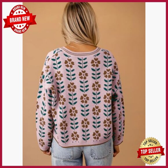 Floral Print V-Neck Cardigan Long Sleeve Loose Fit Button Front Sweater - Picture 3 of 7